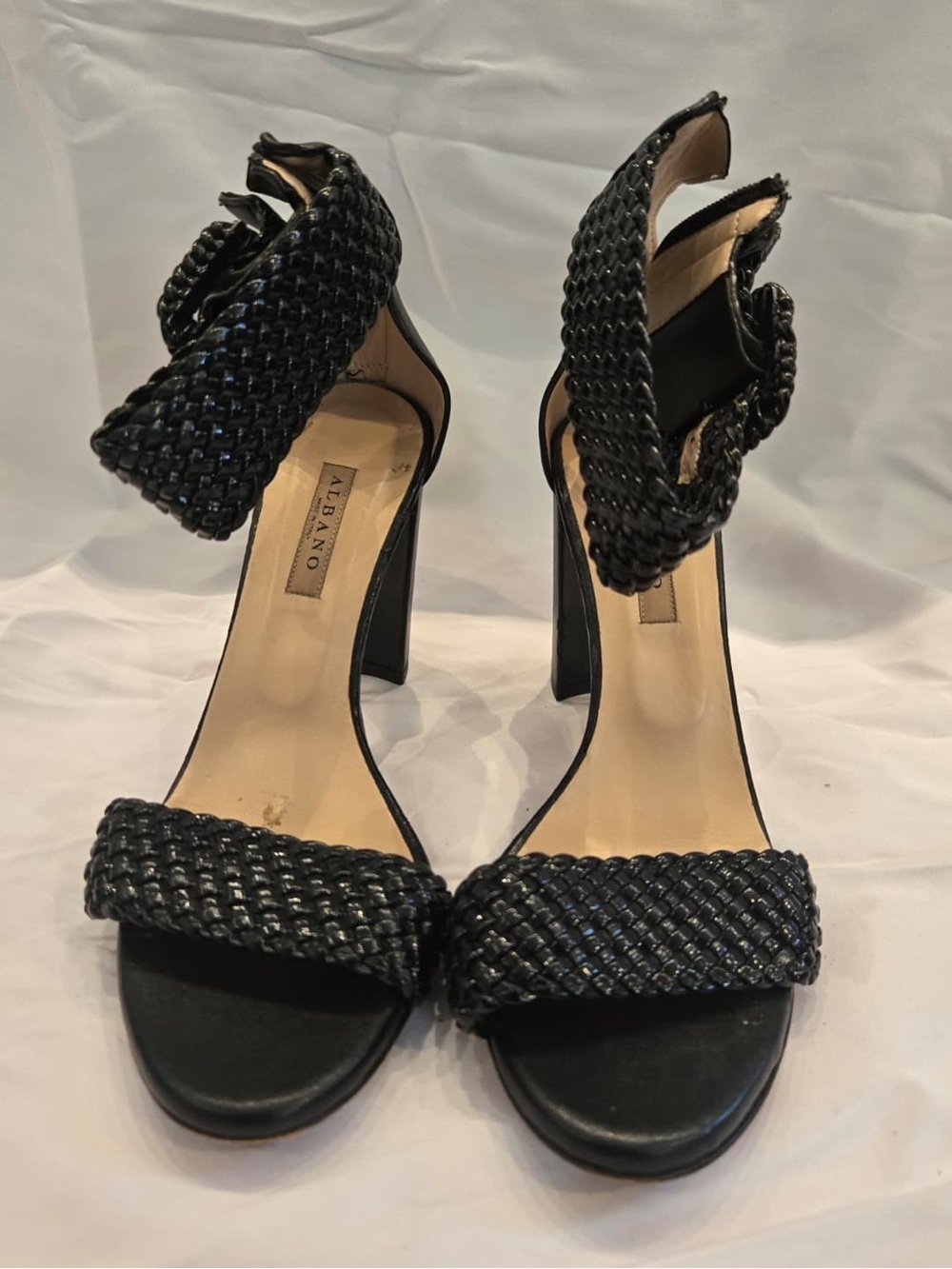 Black Leather Woven-Ankle Strap High Heels